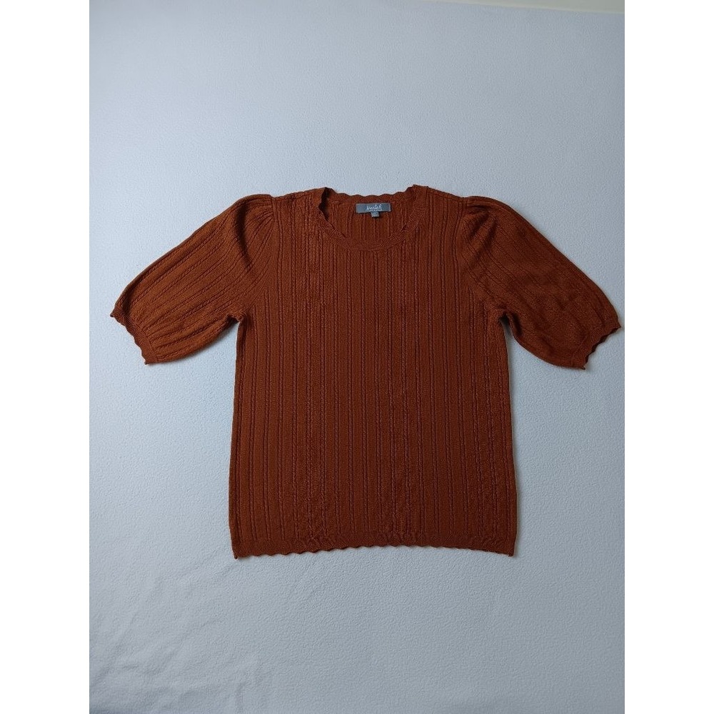Marled Reunited Clothing Womens M Rust Brown Ribbed Knit Top Scalloped Puff